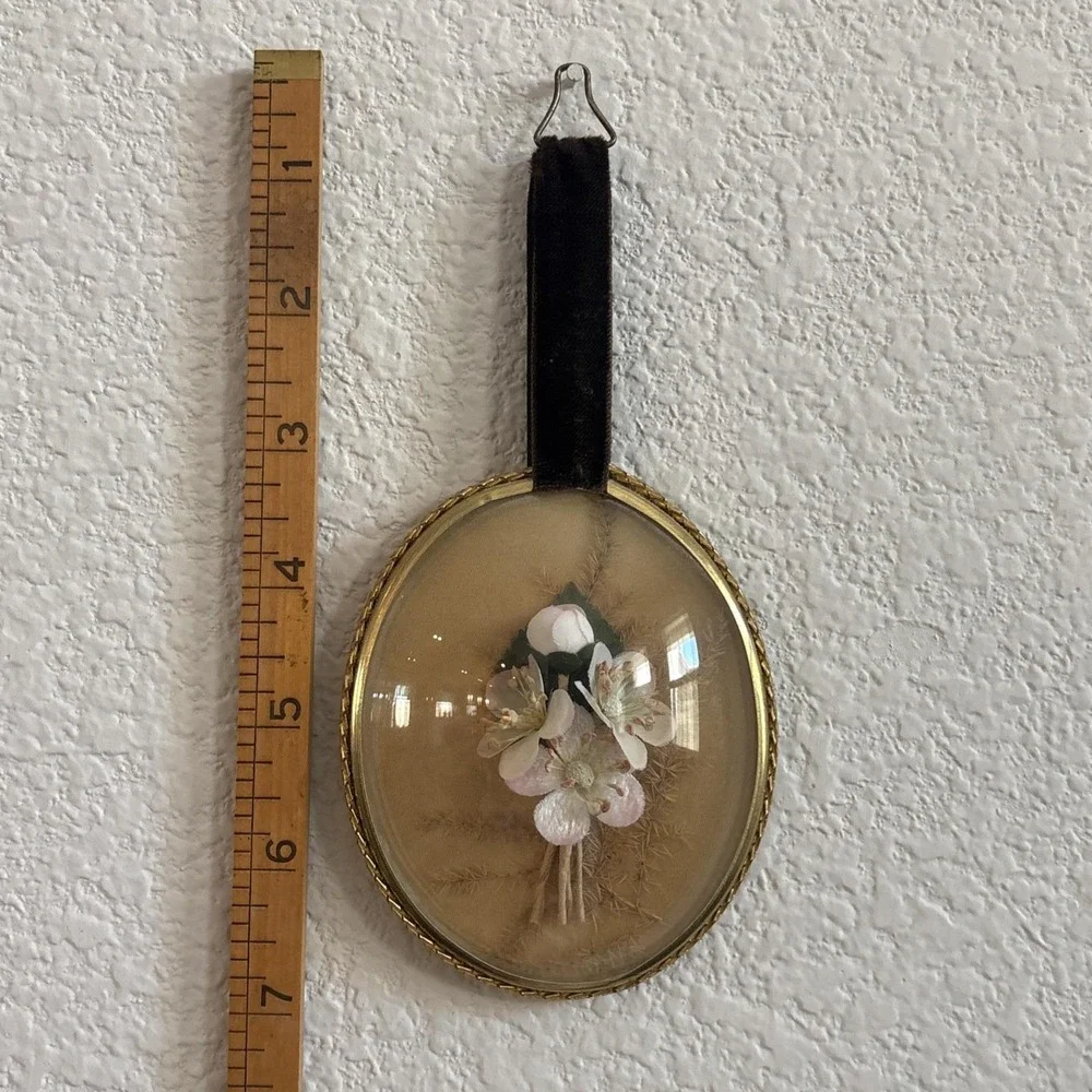 Dried Flowers in Domed Oval Frame Vintage Wall Hang. Velvet. Set Of 2.